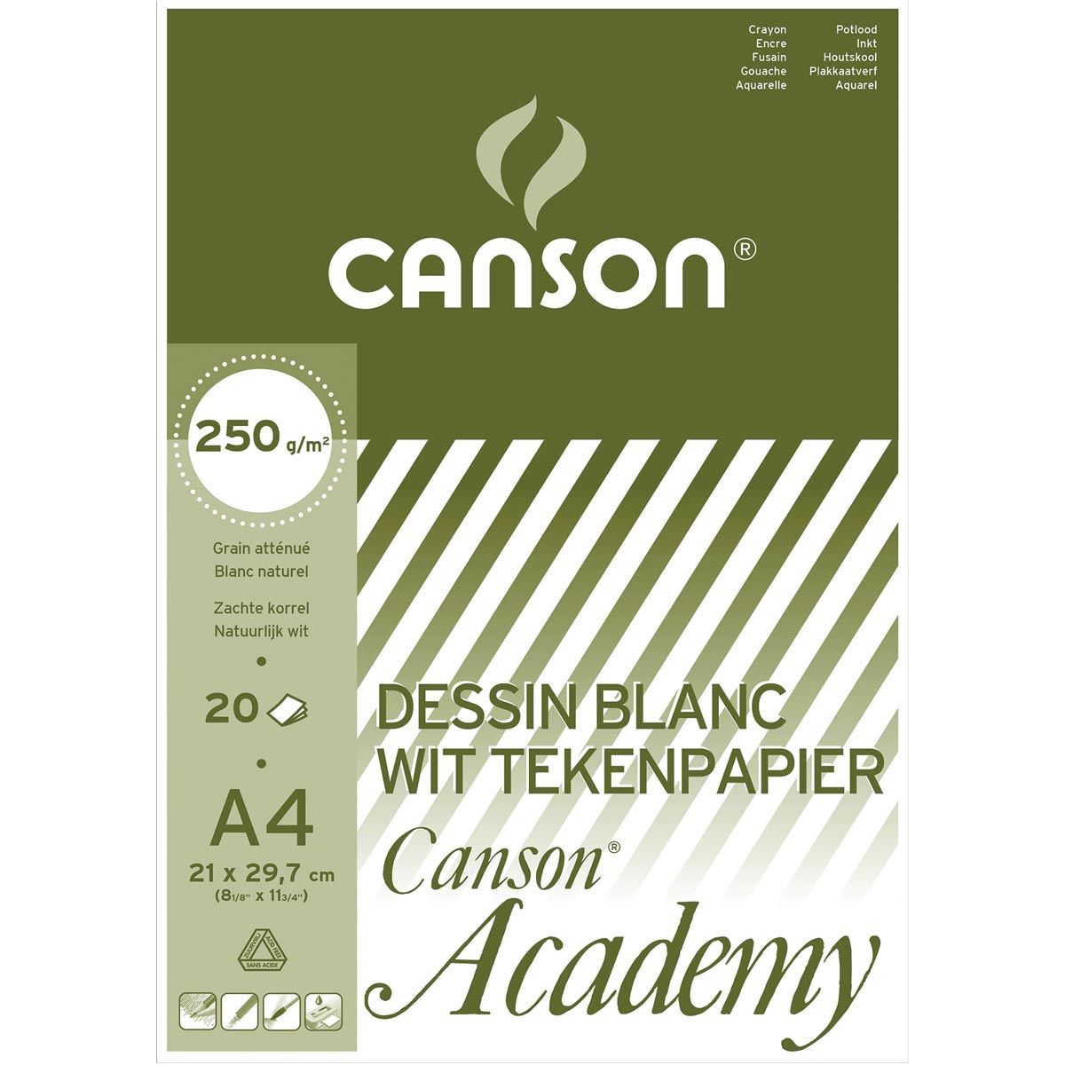 Canson - carta da disegno Academy, 250 g, ft 21 x 29,7 cm, A4, blocco da 20 fogli