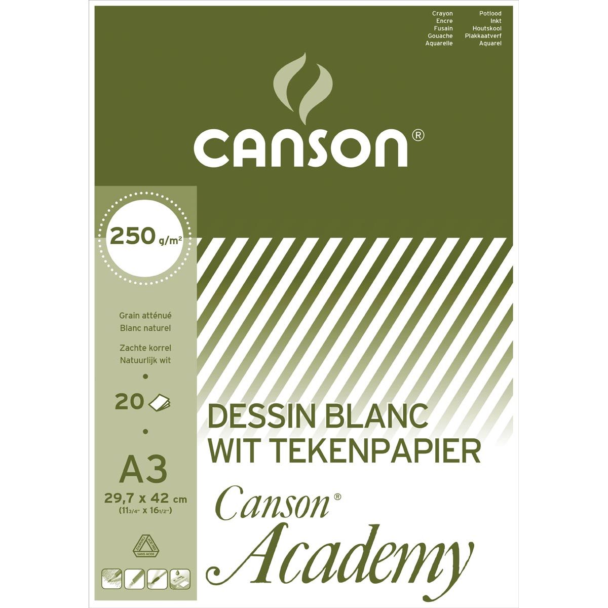 Canson - carta da disegno Academy, 250 g, ft 29,7 x 42 cm, A3, blocco da 20 fogli