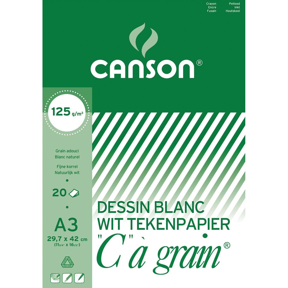 Canson - Bloc de dibujo C à grano 125 g/m², pies 29,7 x 42 cm (A3)