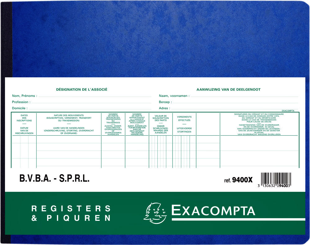 Exacompta - Register Piqure aandeelhouder BVBA/ SPRL 320x240mm 80vel groen