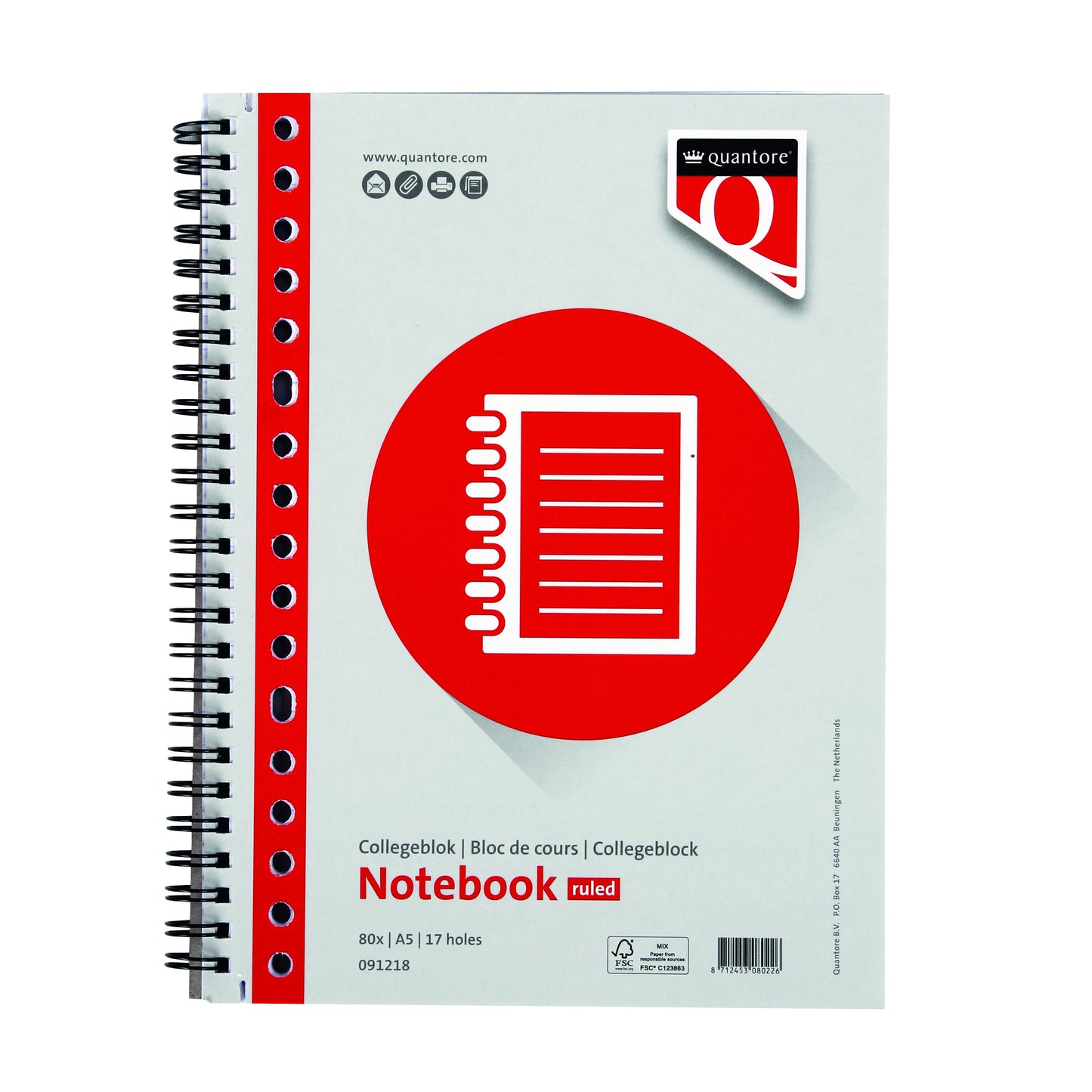 Quantore - Bloc de cours A5 ligne 17 trous 80 feuilles 70gr | 5 pièces