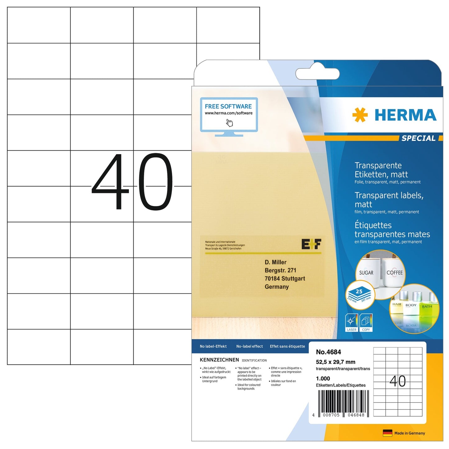 HERMA - Etiqueta 4684 52,5x29,7mm A4 lámina transparente mate