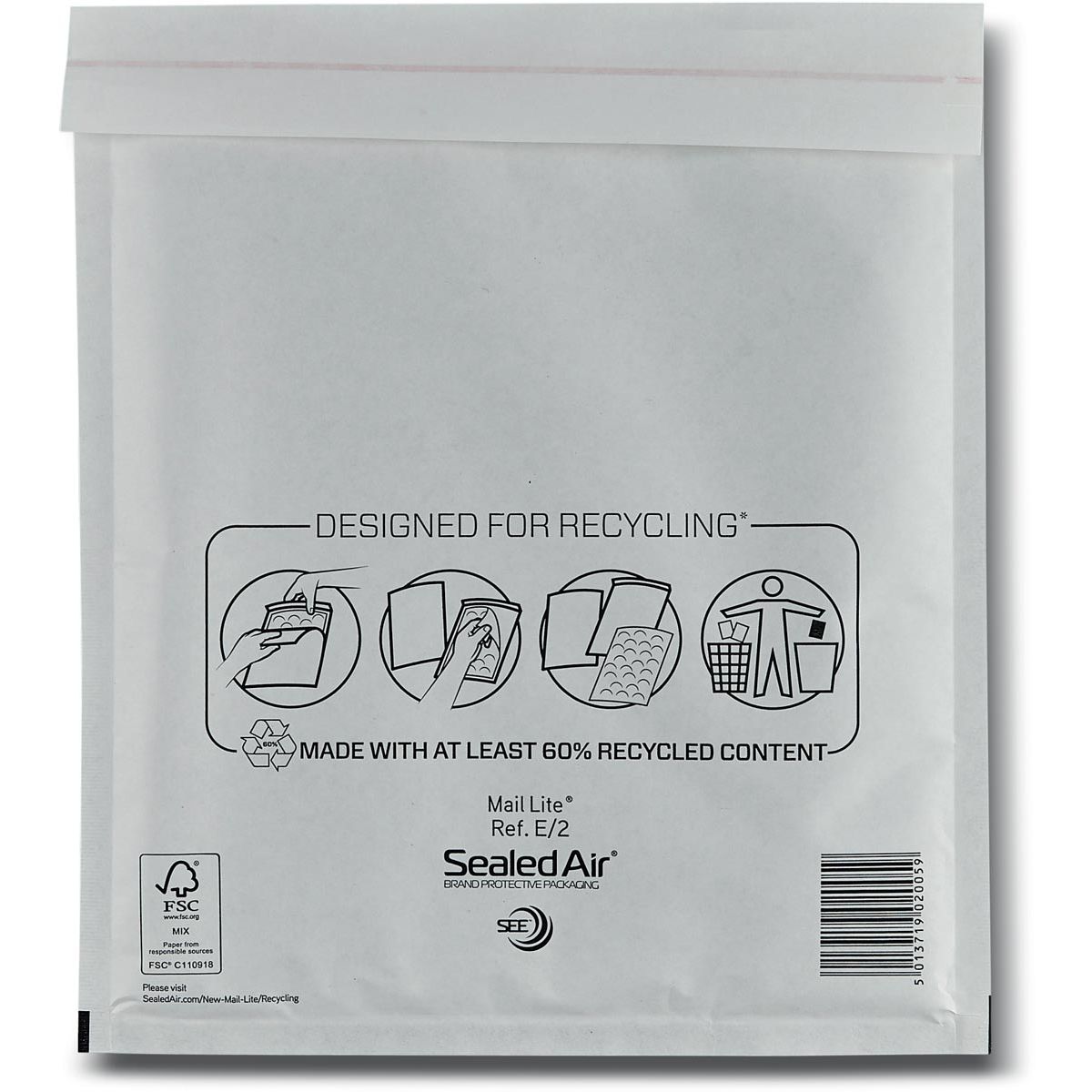 Mail Lite - luchtkussenenveloppen, wit, E/2, 220 x 260 mm, doos van 200 stuks