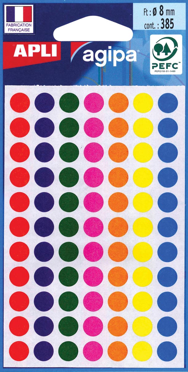 Agipa - ronde etiketten in etui diameter 8 mm, geassorteerde kleuren, 385 stuks, 77 per blad