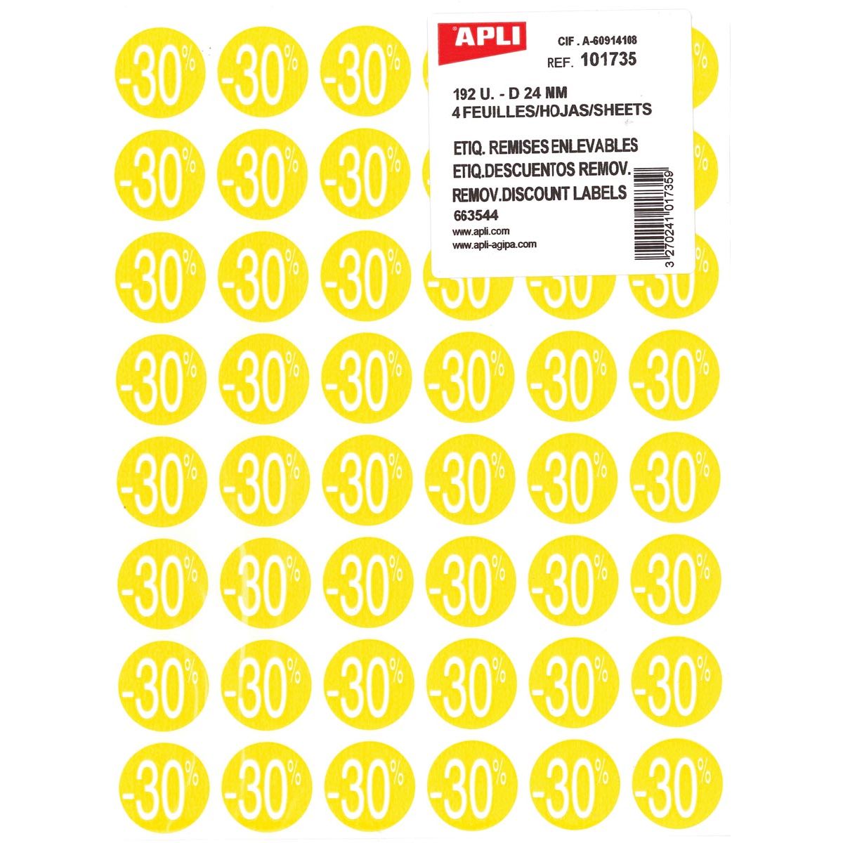 Apli - Agipa Kortinglabel -30%, geel, pak van 192 stuks, verwijderbaar
