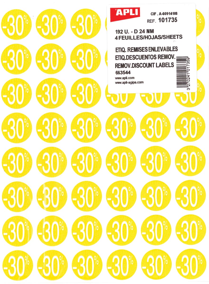 Apli - Agipa Kortinglabel -30%, geel, pak van 192 stuks, verwijderbaar