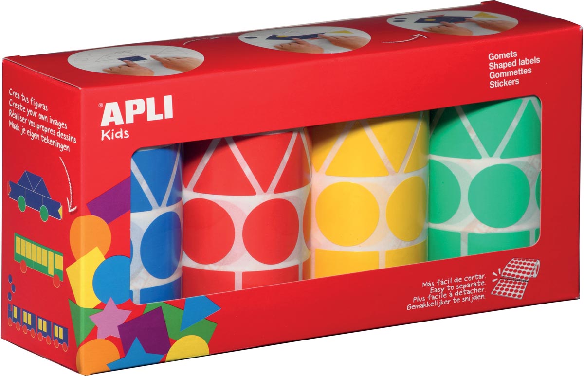 Apli Kids - Kinderaufkleber XL, Box mit 4 Rollen in 4 Farben und 4 Formen (blau, rot, gelb und grün)