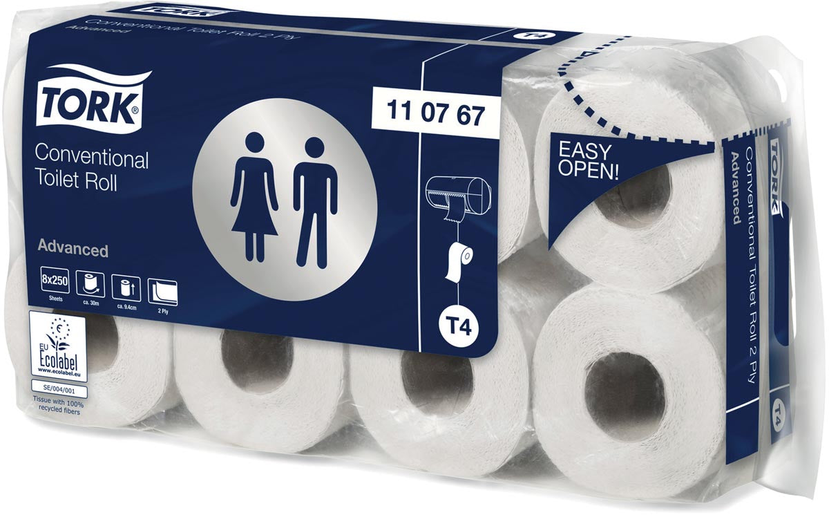Tork - Toilettenpapier Advanced, 2-lagig, System T4, 250 Blatt, Packung mit 8 Rollen
