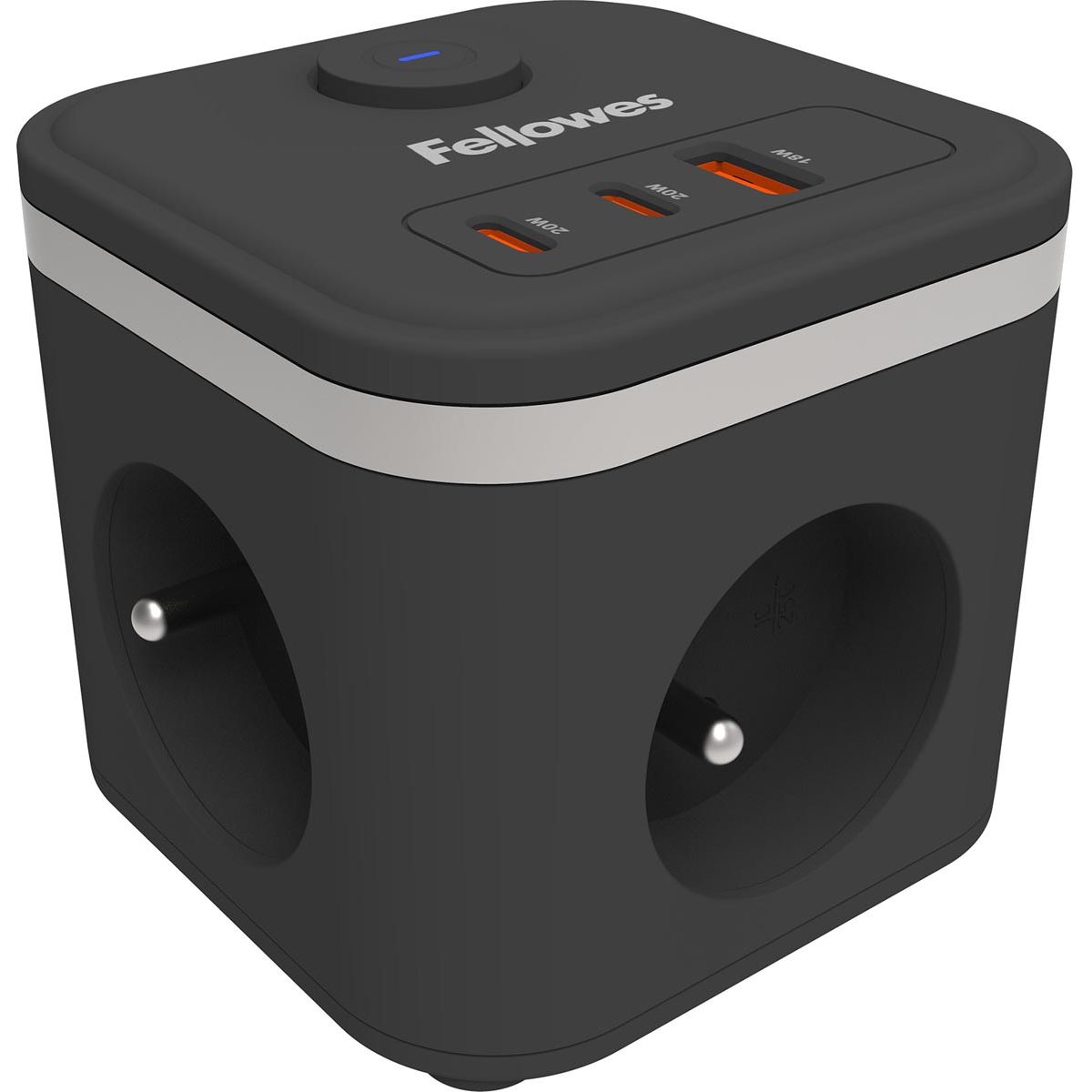 Fellowes - contactdoos Power Cube, 3 stopcontacten + 1 x USB-A + 2 x USB-C, zwart, voor België