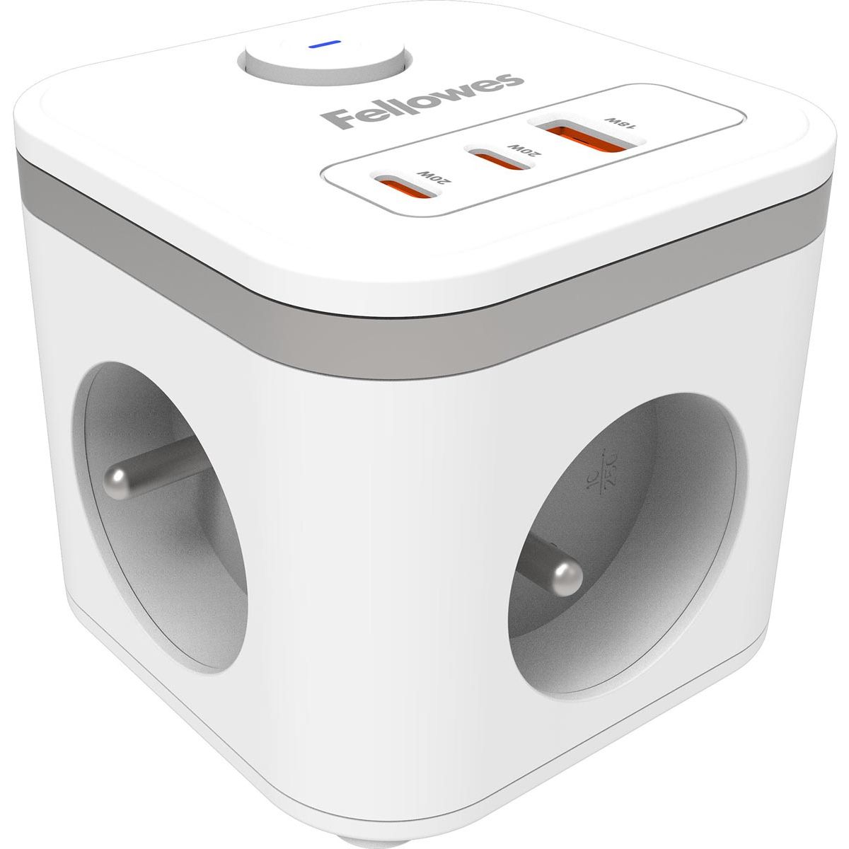 Fellowes - contactdoos Power Cube, 3 stopcontacten + 1 x USB-A + 2 x USB-C, wit, voor België