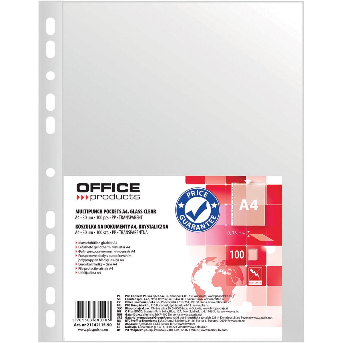 Produits OFFICE - sachet de présentation perforé, A4, 30 microns, transparent, paquet de 100 pièces