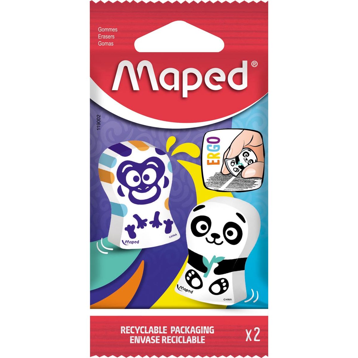 Maped - gomma Ergo Fun, blister da 2 pezzi