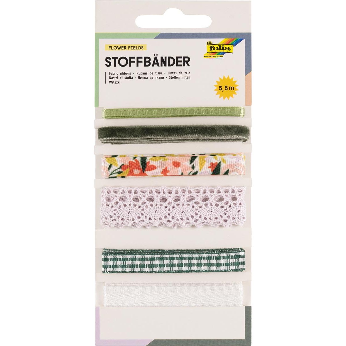 Folia - Stoffbänder, 6 Farben sortiert, Gesamtlänge 5,5 m, Blumenfelder