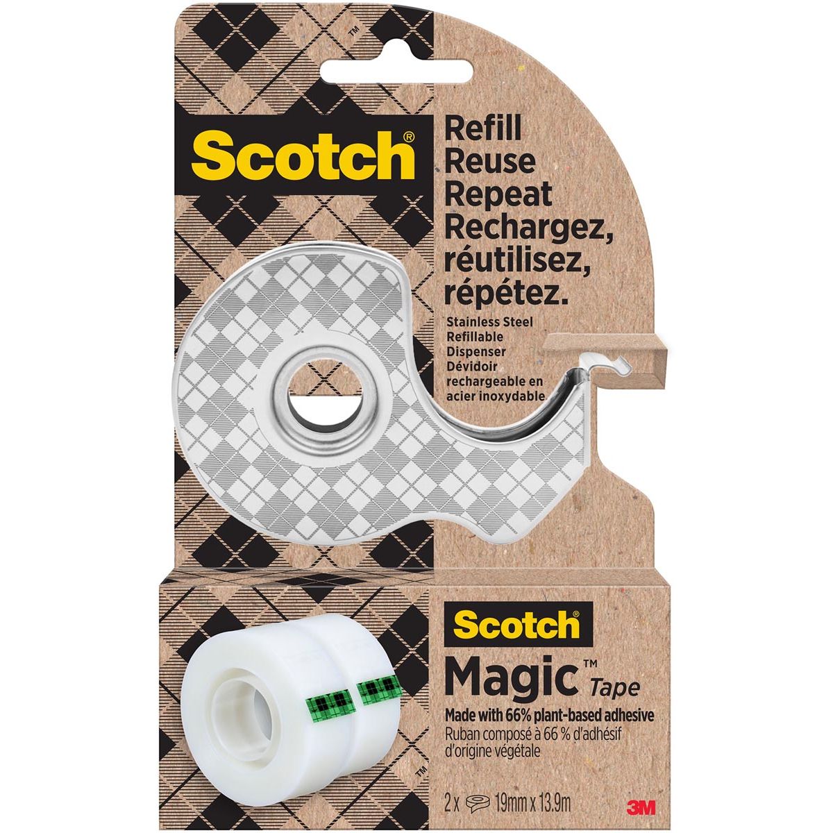 Scotch - duurzame dispenser uit RVS, met 2 rolletjes Magic e ft 19 mm x 13,9 m