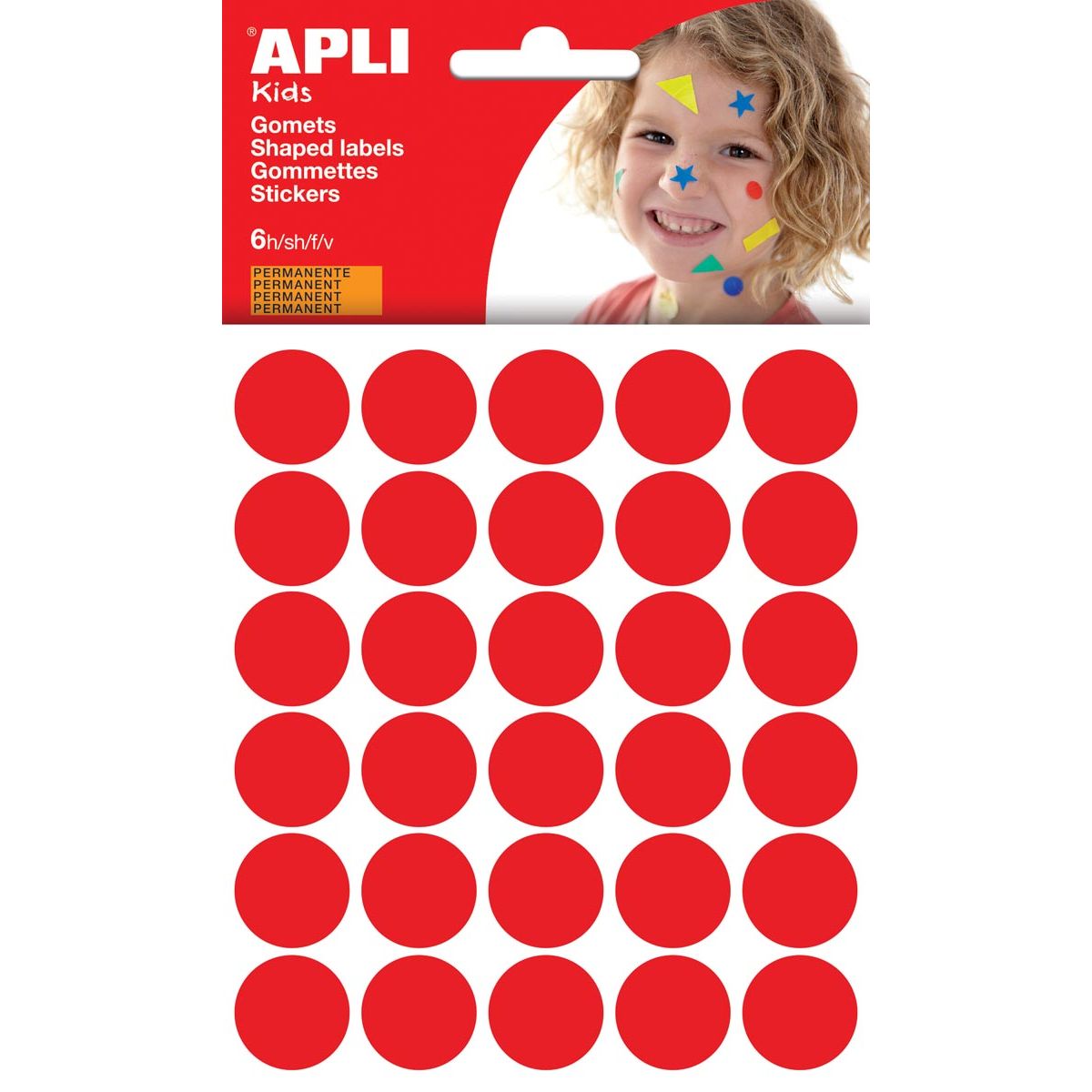 Apli - Kids stickers, cirkel diameter 20 mm, blister met 180 stuks, rood