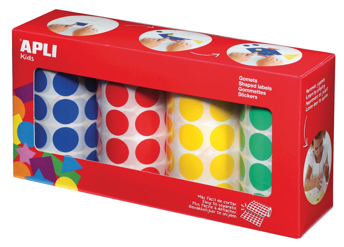 Apli - Kids stickers XL cirkels, diameter 20 mm, doos met 4 rollen in 4 kleuren