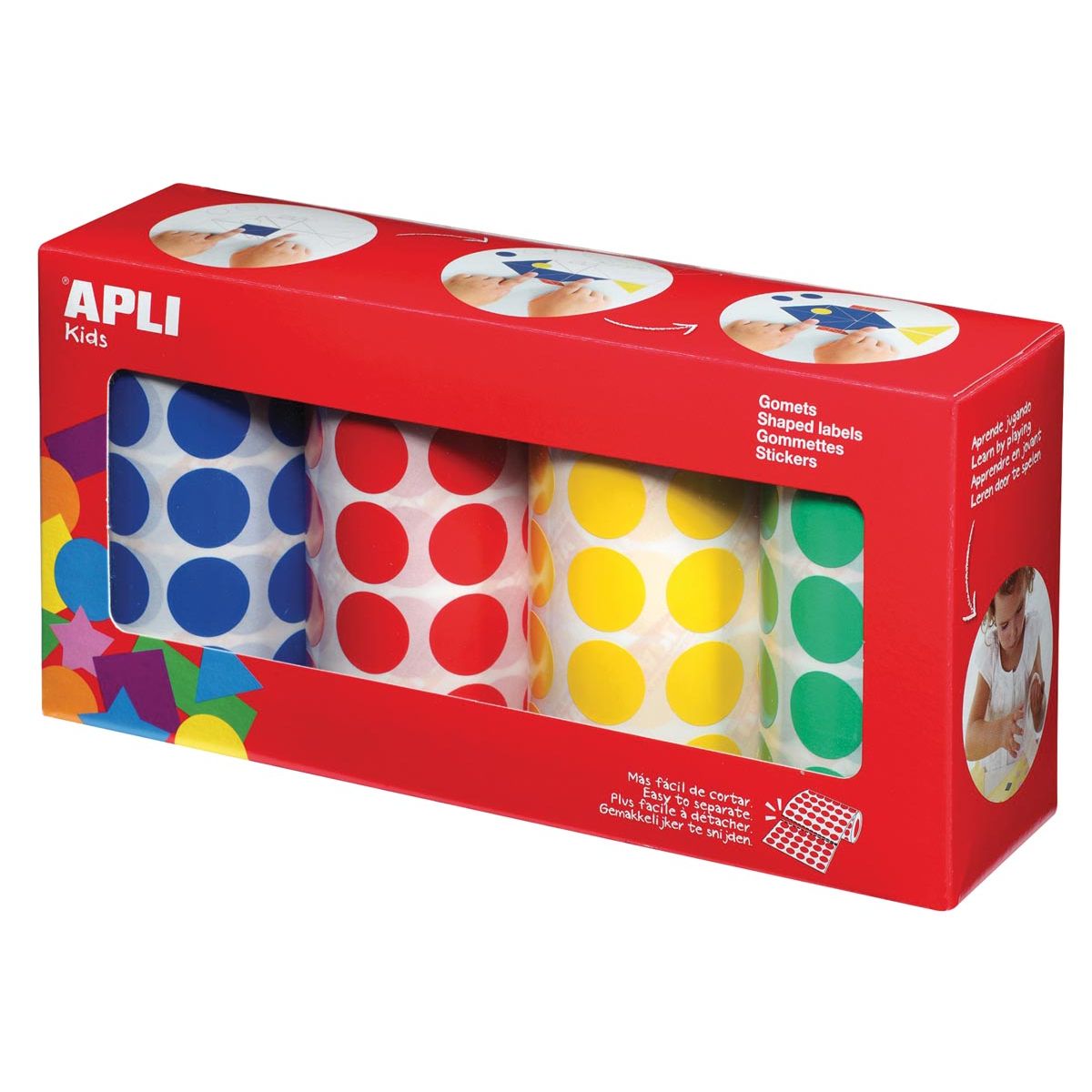 Apli Kids - Kids stickers XL circles, diameter 20 mm, box with 4 rolls in 4 colors