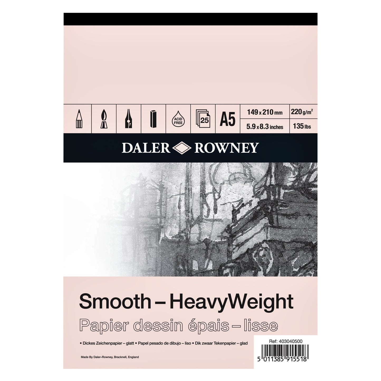 Daler - Papel de dibujo -Rowney Smooth Heavyweight 220gr A5 blanco natural
