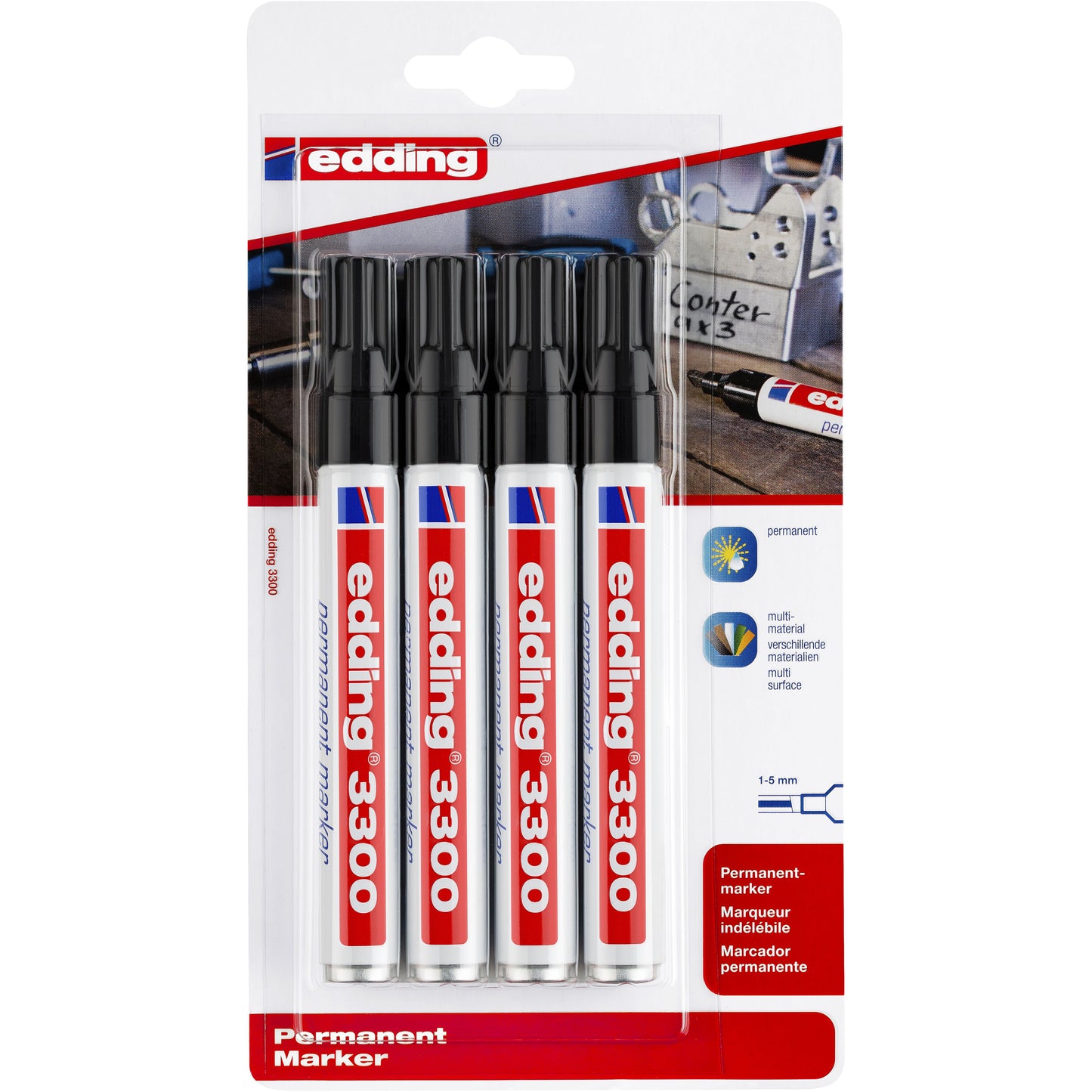 Edding - Rotulador 3300 diagonal 1-5mm negro blister de 4 piezas