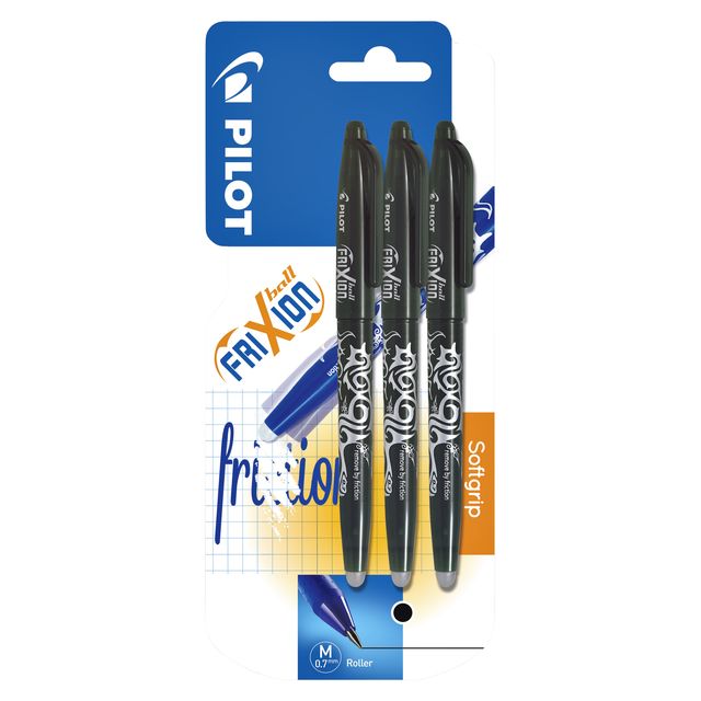Pilot - Rollerpen friXion medium zwart blister à 3 stuks