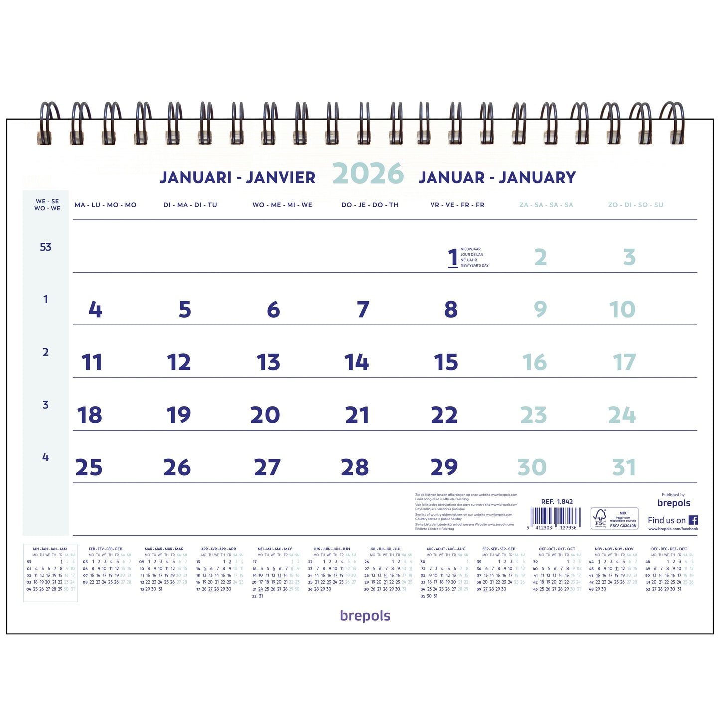 Brepols - Calendrier 1 mois 2026 43x31,5cm