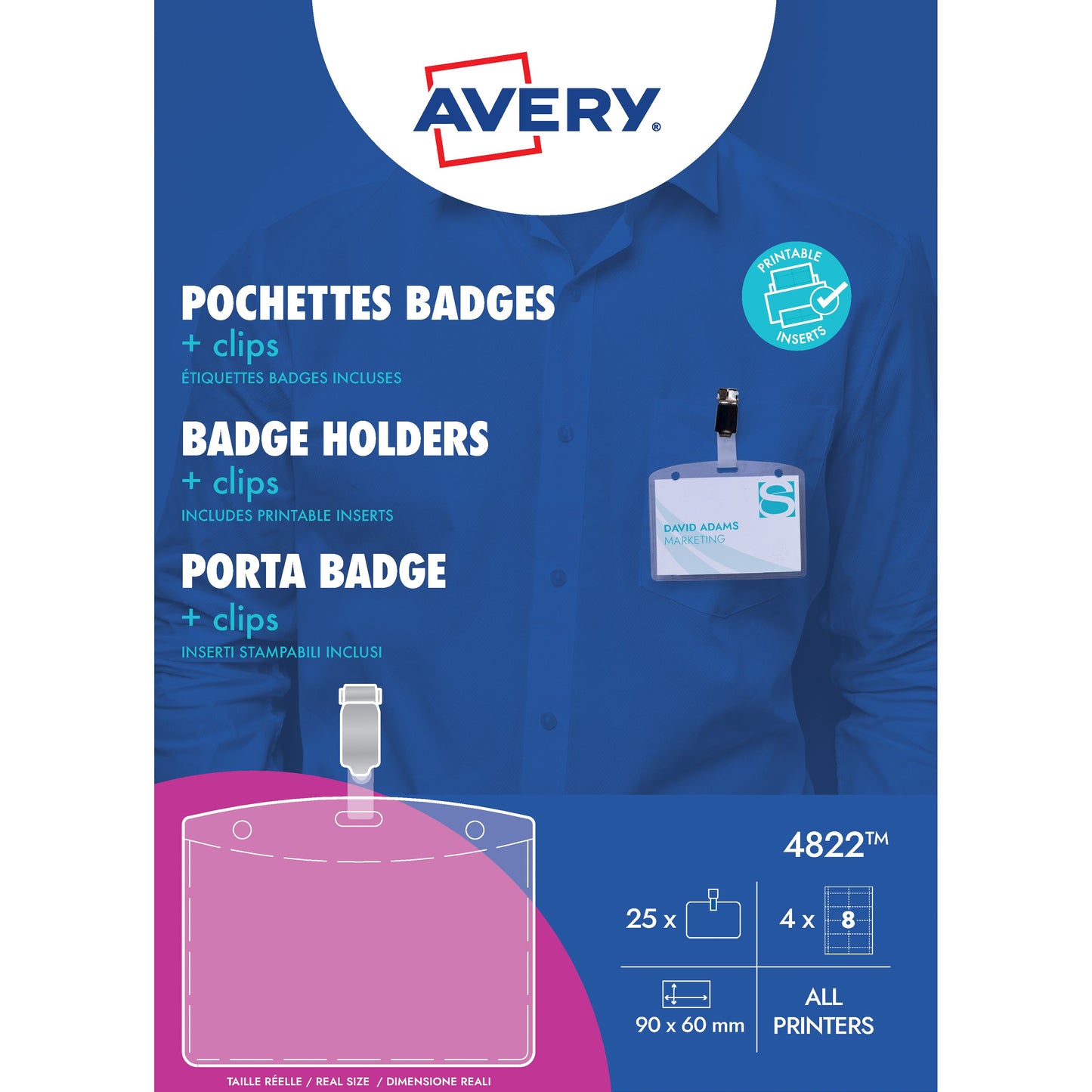 Avery - Insignia con clip 4822 60x90mm 25 piezas + 32 tarjetas insertables | 6 piezas