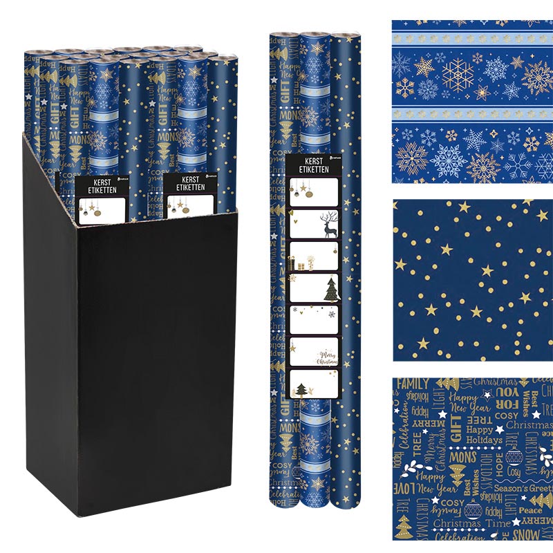 Klika - Geschenkpapier Kerst, 70 cm x 2 m, blauw, pak van 3 stuks