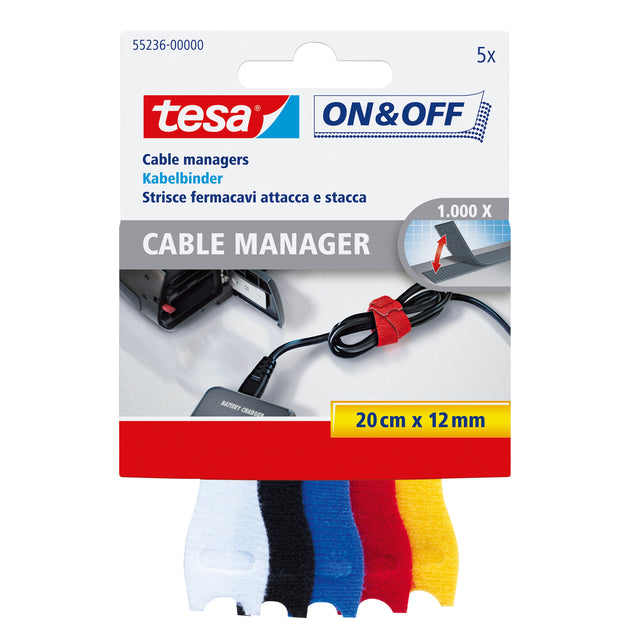 Tesa - Gestor de cables ® On Off 12mmx20cm varios colores 5 piezas