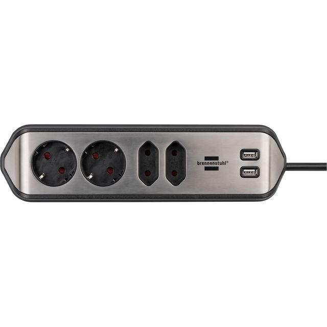 Brennerstuhl - Presa da tavolo Estilo a 4 vie incluse 2 USB 2 metri nero/argento