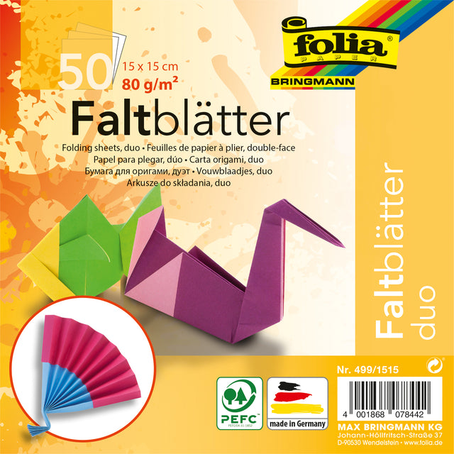 Carta Folia - Fogli pieghevoli Folia 80gr 15x15cm 50 fogli fronte-retro 10 colori duo | 140 pezzi