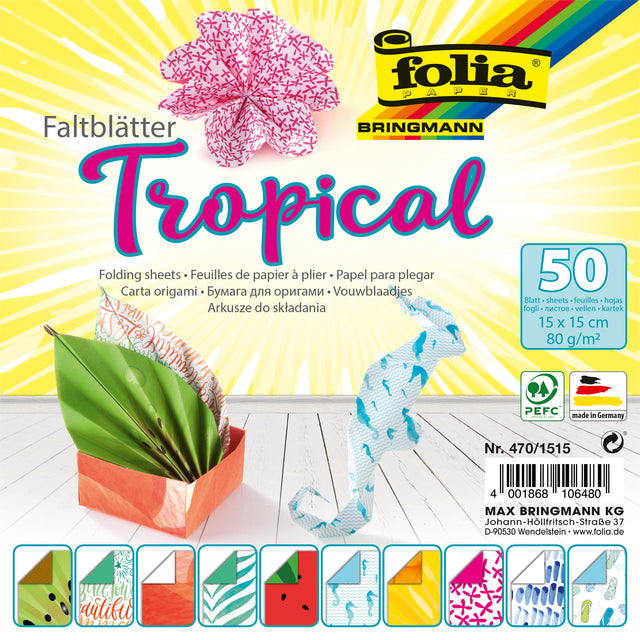 Folia Paper - Vouwblaadjes Folia 80gr 15x15cm 50 vel 2-zijdig 10 tropical designs