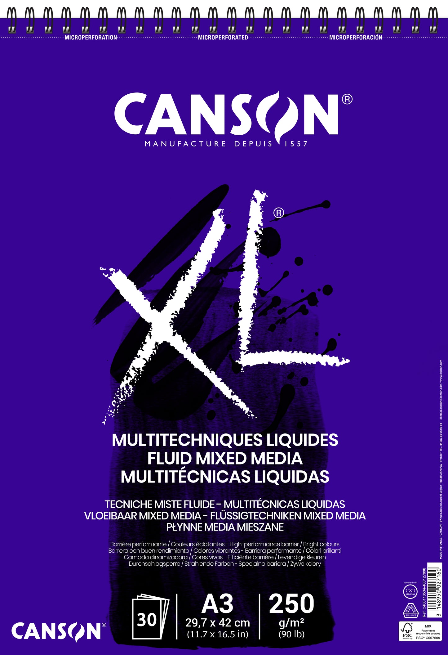 Canson - Mixed-Media-Papier XL Fluid Mixed Media 30 Blatt 250gr A3 extra weiß
