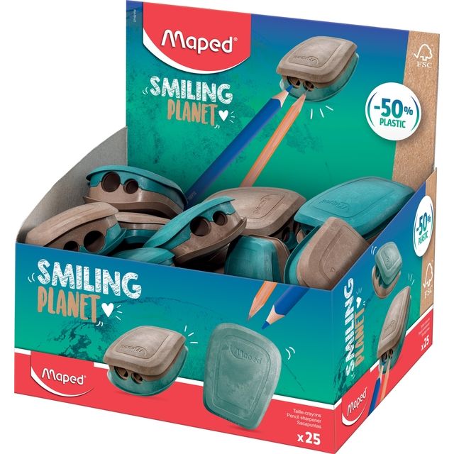 Maped - Sacapuntas Smiling Planet expositor de 2 agujeros de 25 piezas