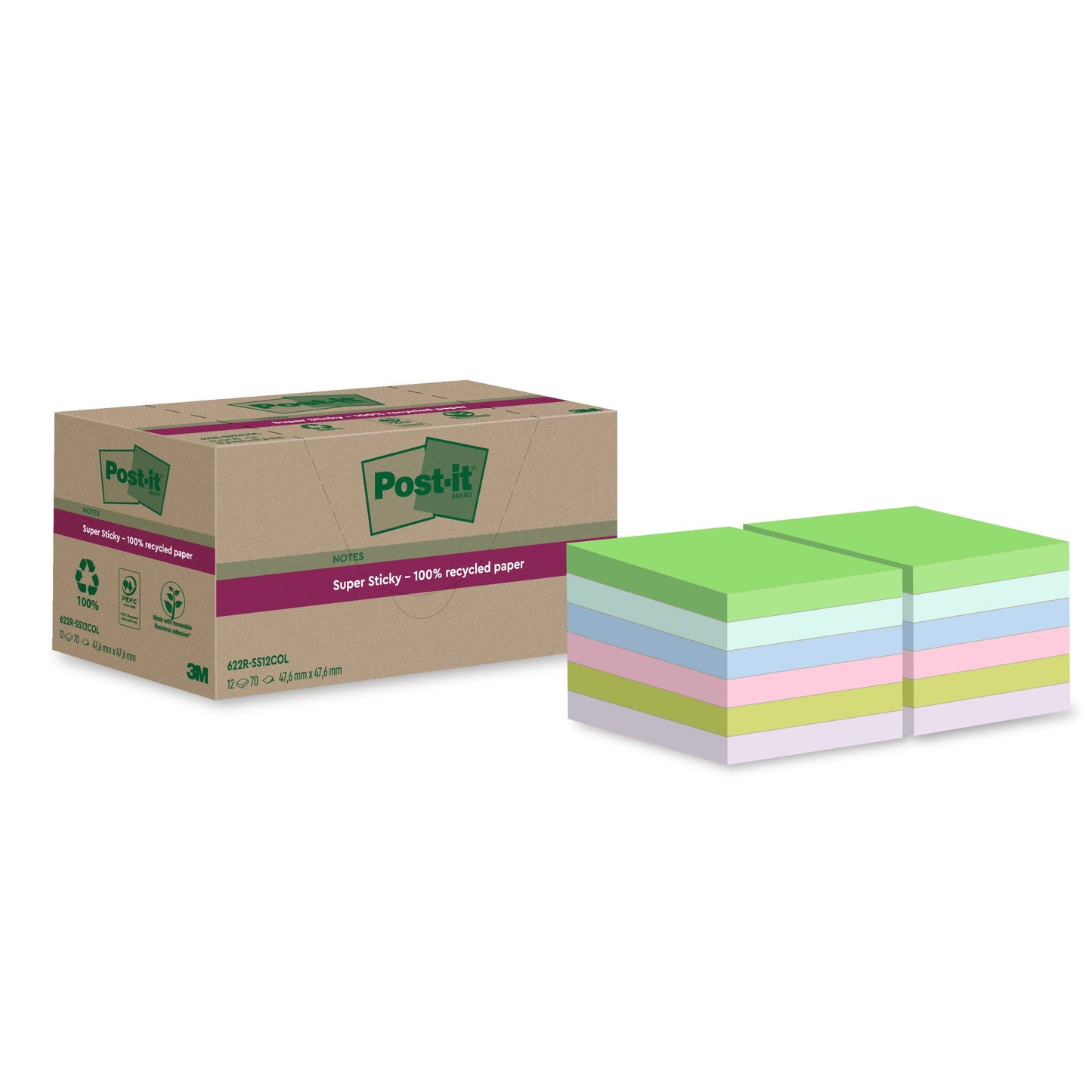Post-it - Bloc mémo 622 rss12col 47,6x47,6mm couleur | 24 pièces