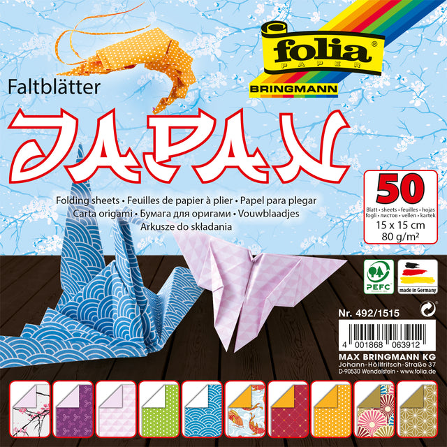 Folia Paper - Vouwblaadjes Folia 80gr 15x15cm 50 vel 2-zijdig Japan 10 designs assorti kleuren
