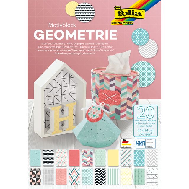 Folia - Bloc de papier Géométrie 24x34cm 270gr 20 feuilles assorties