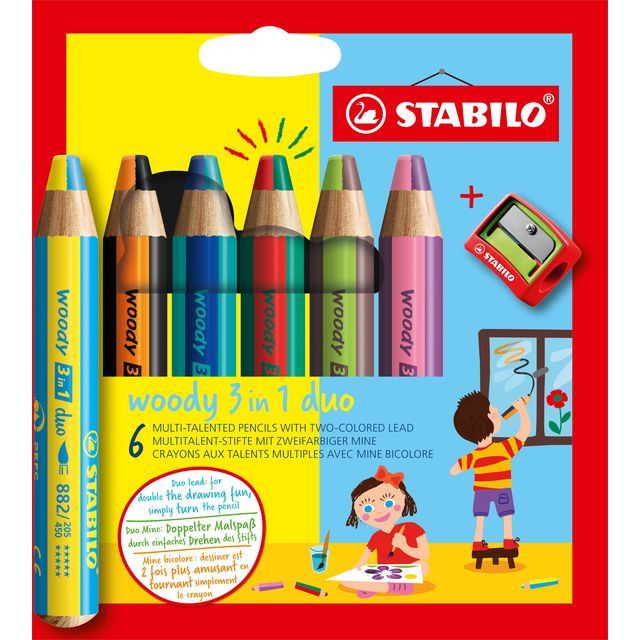 STABILO - Lápices de colores 882 woody 3 en 1 dúo incluido sacapuntas estuche surtido 6 piezas