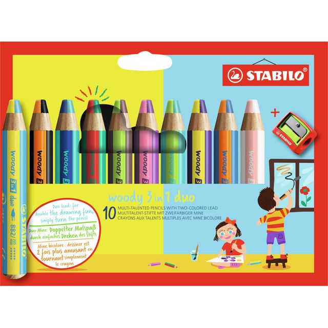 Stabilo - woody 3 in 1 duo, multifunctioneel kleurpotlood met tweekleurige punt- 10 stuks in kartonnen etui + puntenslijper