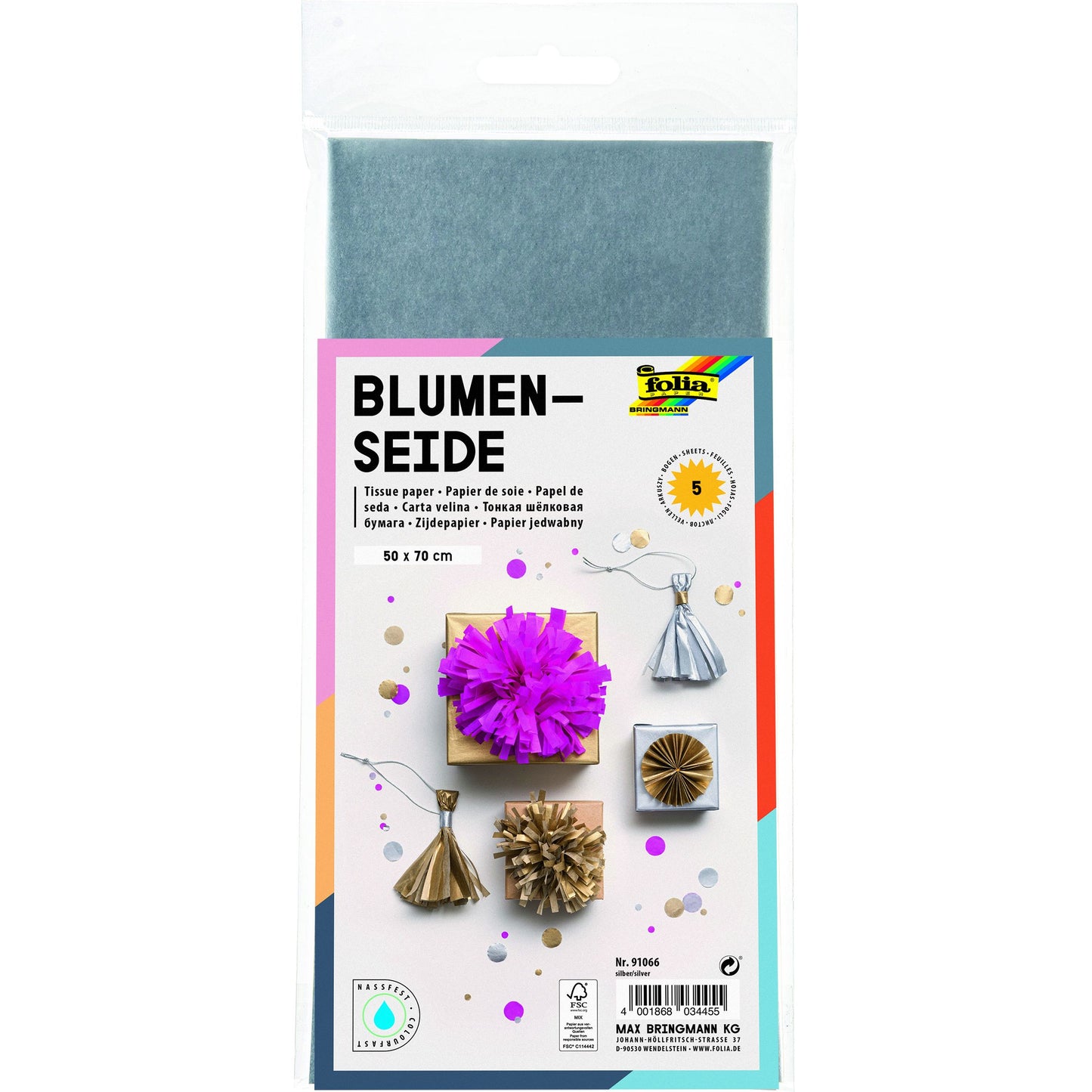 Folia Paper - Papel de seda Folia 50x70cm 20gr nr66 plata 5 hojas | 10 piezas