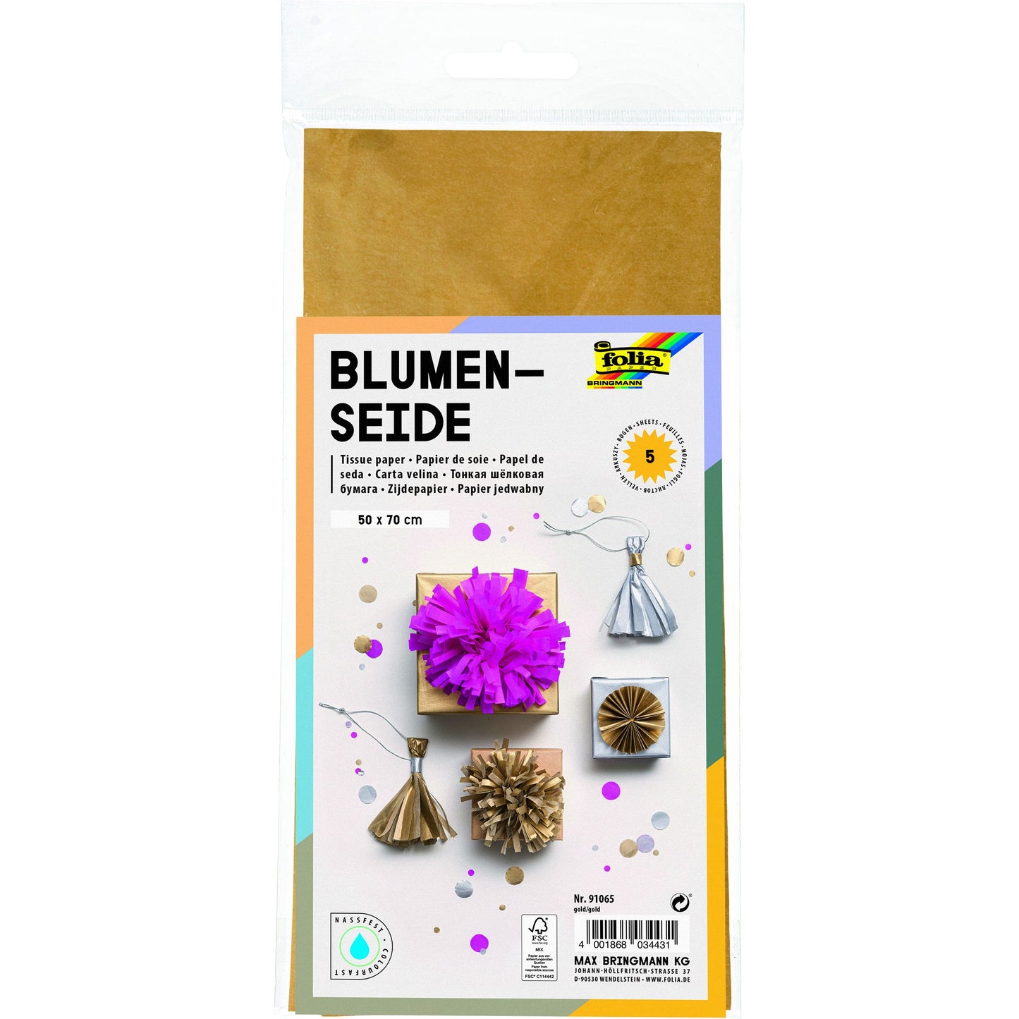 Folia Paper - Seidenpapier Folia 50x70cm 20gr Nr. 65 Gold 5 Blatt | 10 Stück