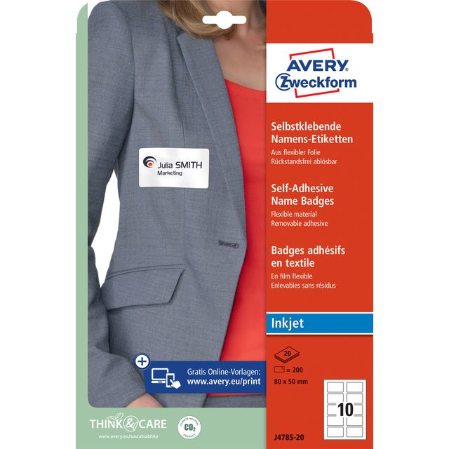 Avery Zweckform - Naambadge etiket Zweckform J4785-20 80x50mm wit 200 etiketten