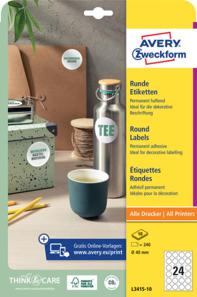Avery Zweckform - Etiket Zweckform L3415-10 rond 40mm wit 240 stuks