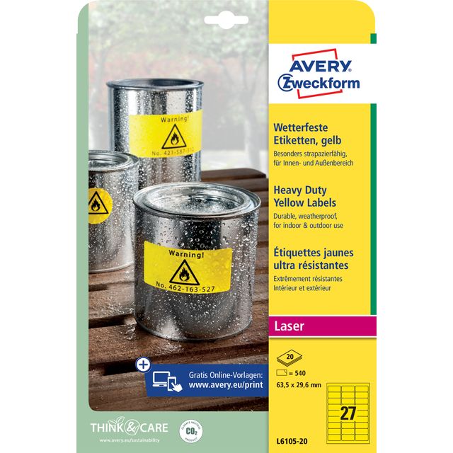 Avery Zweckform - Label Zweckform L6105-20 63.5x29.6mm yellow 540 pieces