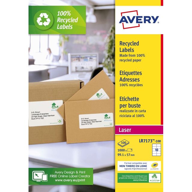 Avery - Etiket LR7173-100 99.1x57mm recycled wit 1000 etiketten