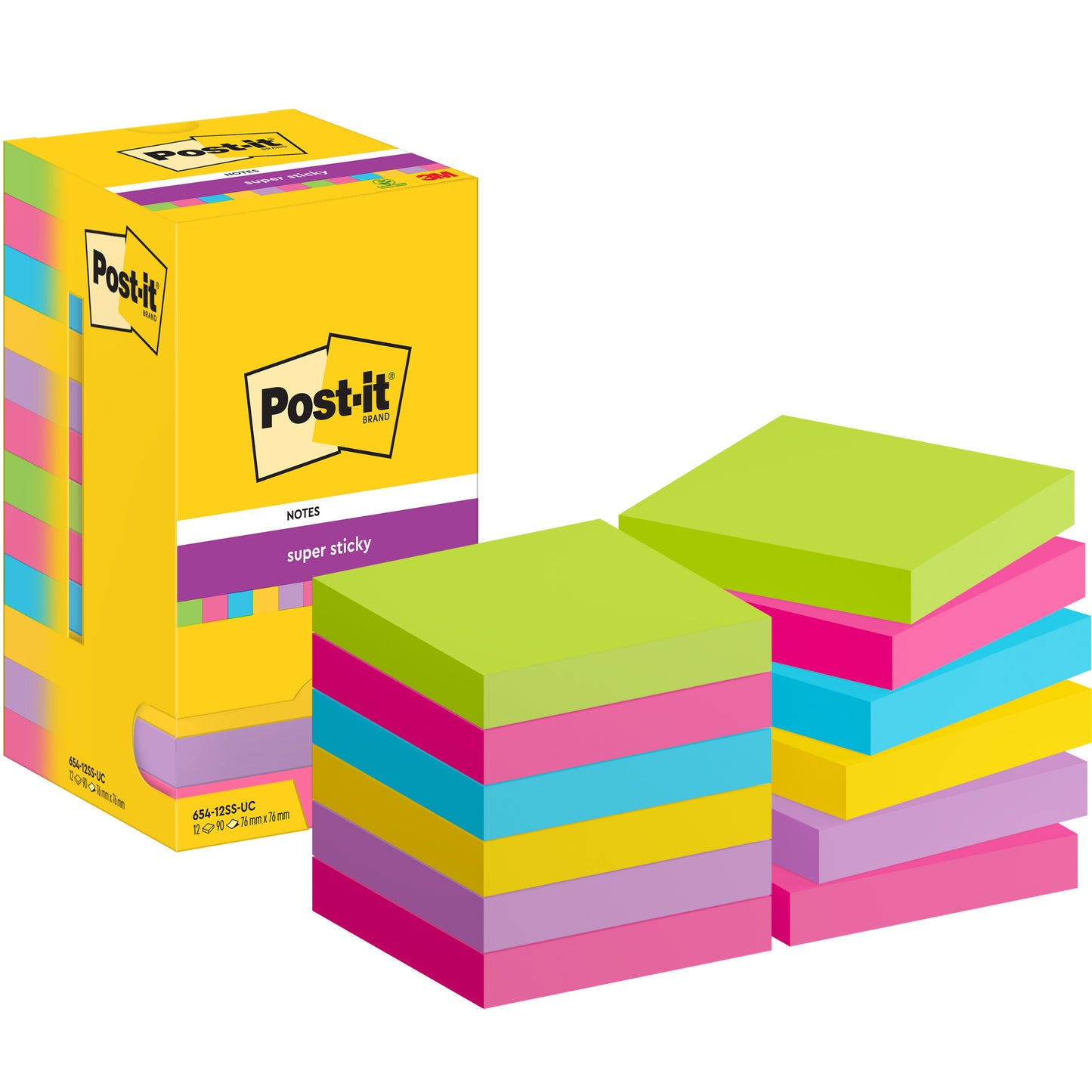 Post-it - Bloc de notas 654 super adhesivo 76x76mm arcoiris | 12 piezas