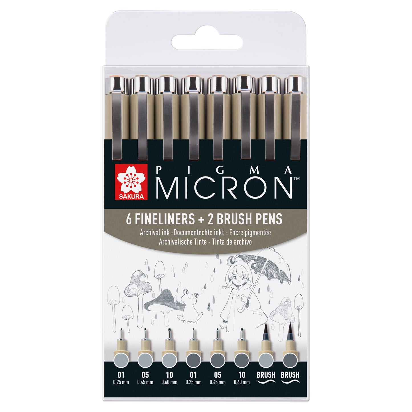 Sakura - Fineliner pm 6 breedtes en 2 brushpen grijs