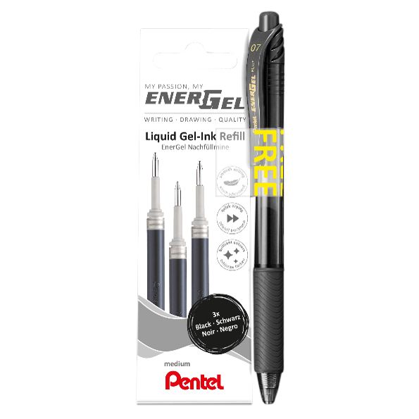 Pentel - Gel writer refill LR7 Energel with free gel pen medium black blister of 3 pieces