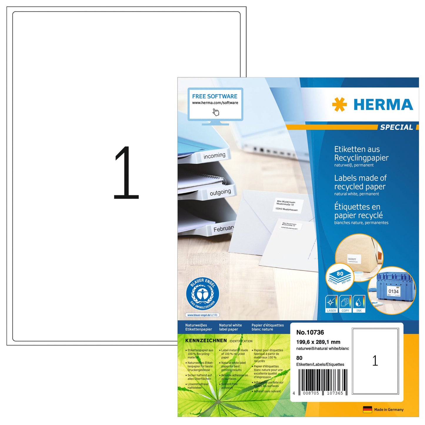 HERMA - Etiket recycling 10736 199.6x289.1mm 80 stuks wit
