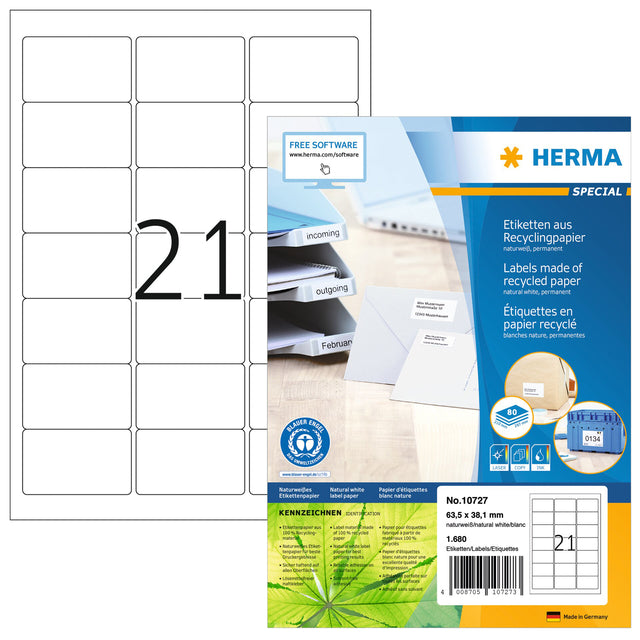 HERMA - Etiquette recyclage 10727 63,5x38,1mm 1680 pièces blanc