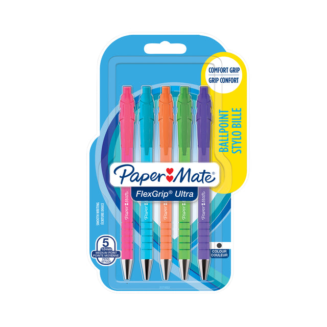 Paper Mate - Bolígrafo Pulsador Flexgrip Bright fun M surtido blister de 5uds